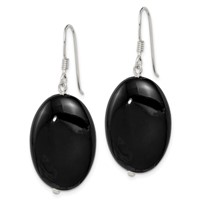 Sterling Silver Polished Black Agate Oval Dangle Earrings view 2
