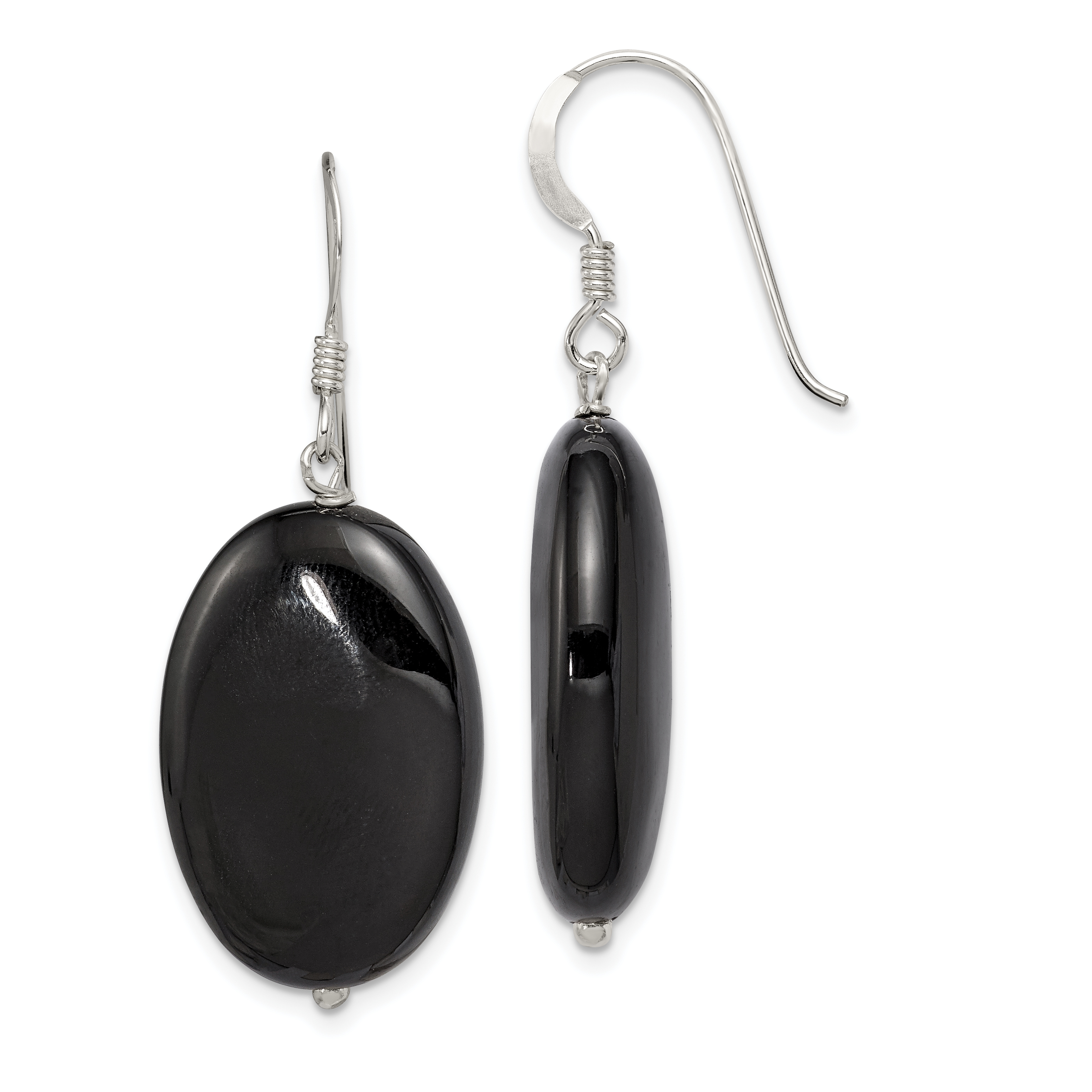 Sterling Silver Polished Black Agate Oval Dangle Earrings (QE5468)