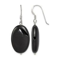 Sterling Silver Polished Black Agate Oval Dangle Earrings view 1