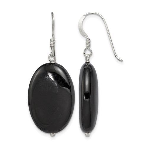Sterling Silver Polished Black Agate Oval Dangle Earrings