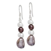 Sterling Silver Polished Black White Grey 6-9mm Baroque Freshwater Cultured Pearl Dangle French Hook Earrings view 2