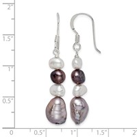 Sterling Silver Polished Black White Grey 6-9mm Baroque Freshwater Cultured Pearl Dangle French Hook Earrings view 4