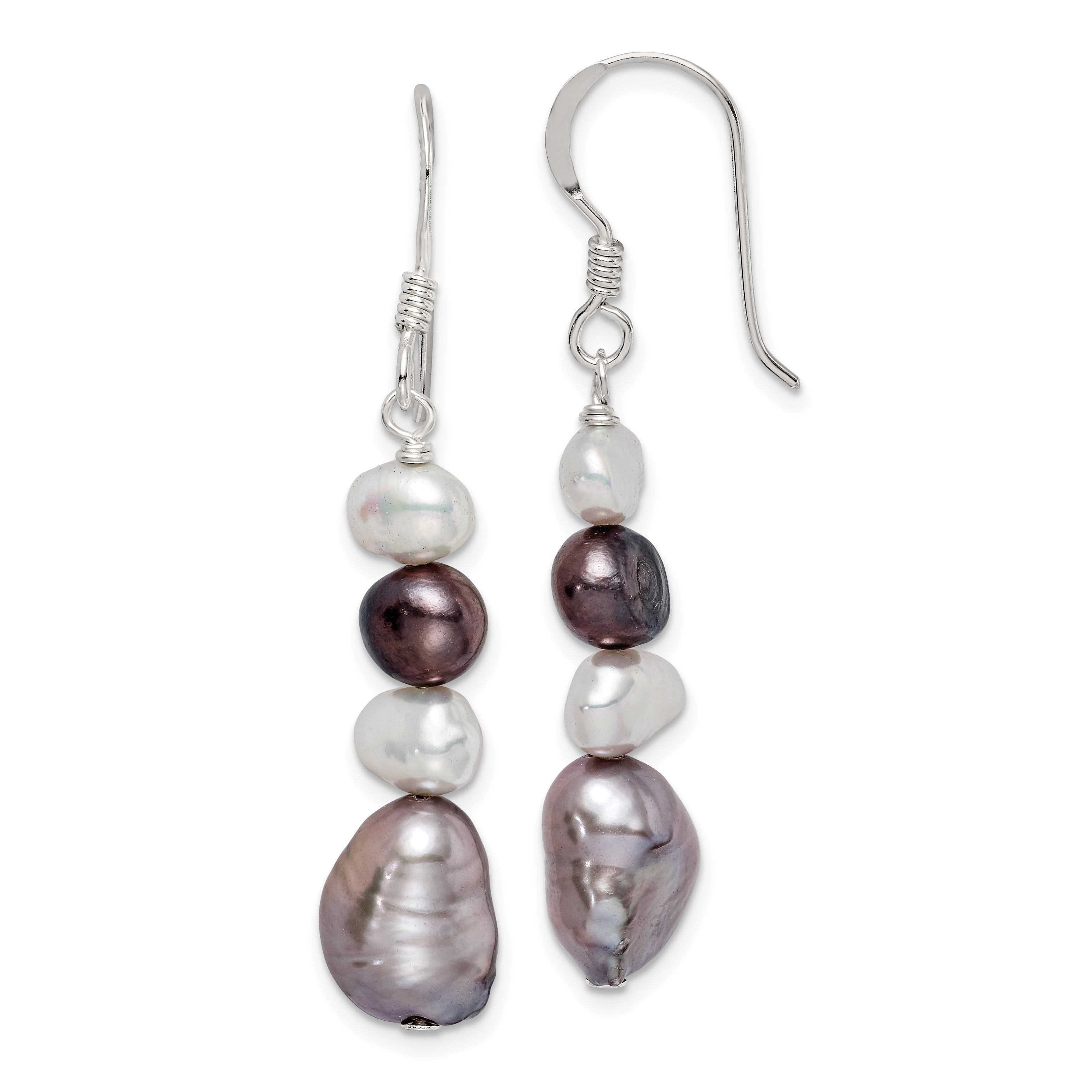 Sterling Silver Polished Black, White and Grey 6-9mm Freshwater Cultured Pearl Dangle Earrings (QE5531)