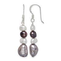 Sterling Silver Polished Black White Grey 6-9mm Baroque Freshwater Cultured Pearl Dangle French Hook Earrings view 1