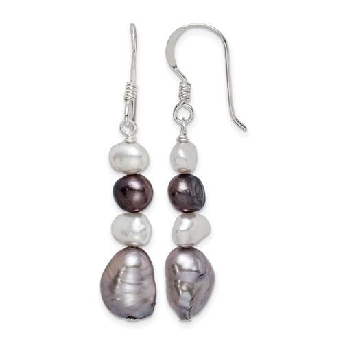Sterling Silver Polished Black White Grey 6-9mm Baroque Freshwater Cultured Pearl Dangle French Hook Earrings