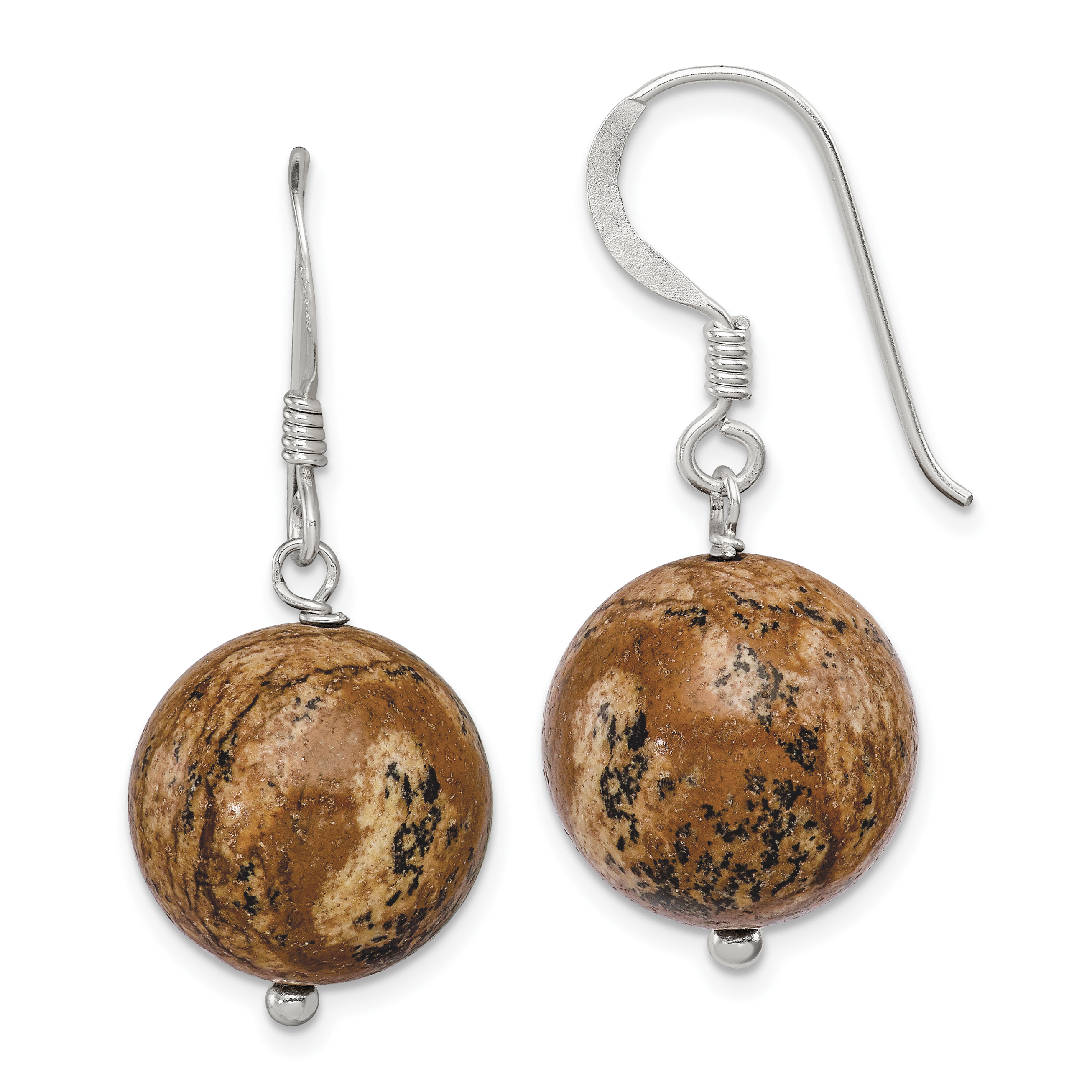 Sterling Silver Polished 14mm Round Picture Jasper Dangle Earrings (QE5865)