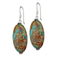Sterling Silver Polished & Antiqued Twisted Bead & Blue Jasper Oval Dangle Earrings view 2