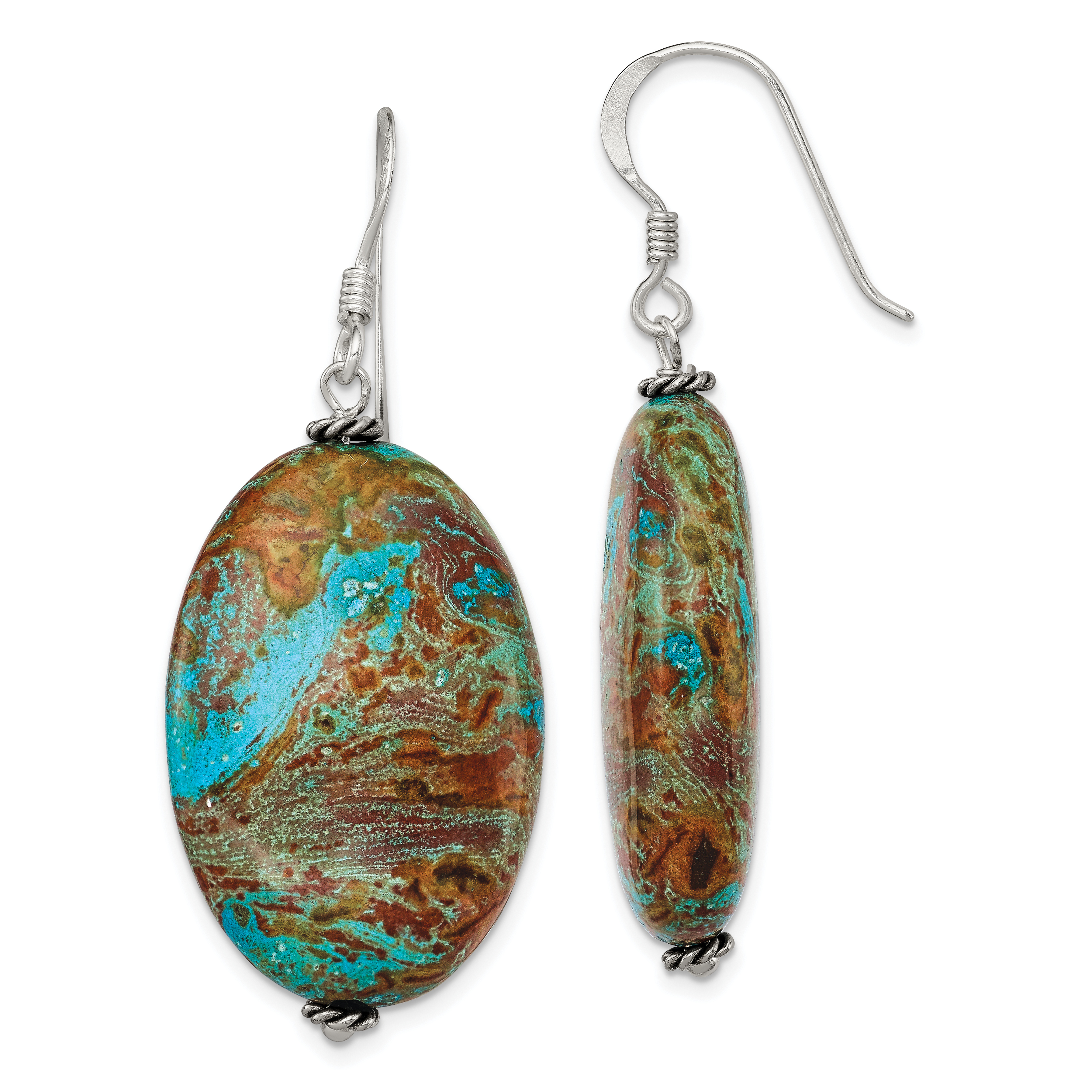 Sterling Silver Polished & Antiqued Twisted Bead & Blue Jasper Oval Dangle Earrings (QE5872)