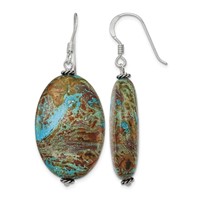 Sterling Silver Polished & Antiqued Twisted Bead & Blue Jasper Oval Dangle Earrings view 1