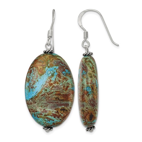 Sterling Silver Polished & Antiqued Twisted Bead & Blue Jasper Oval Dangle Earrings