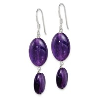 Sterling Silver Polished Amethyst & Dark Purple Jade Oval Dangle Earrings view 2