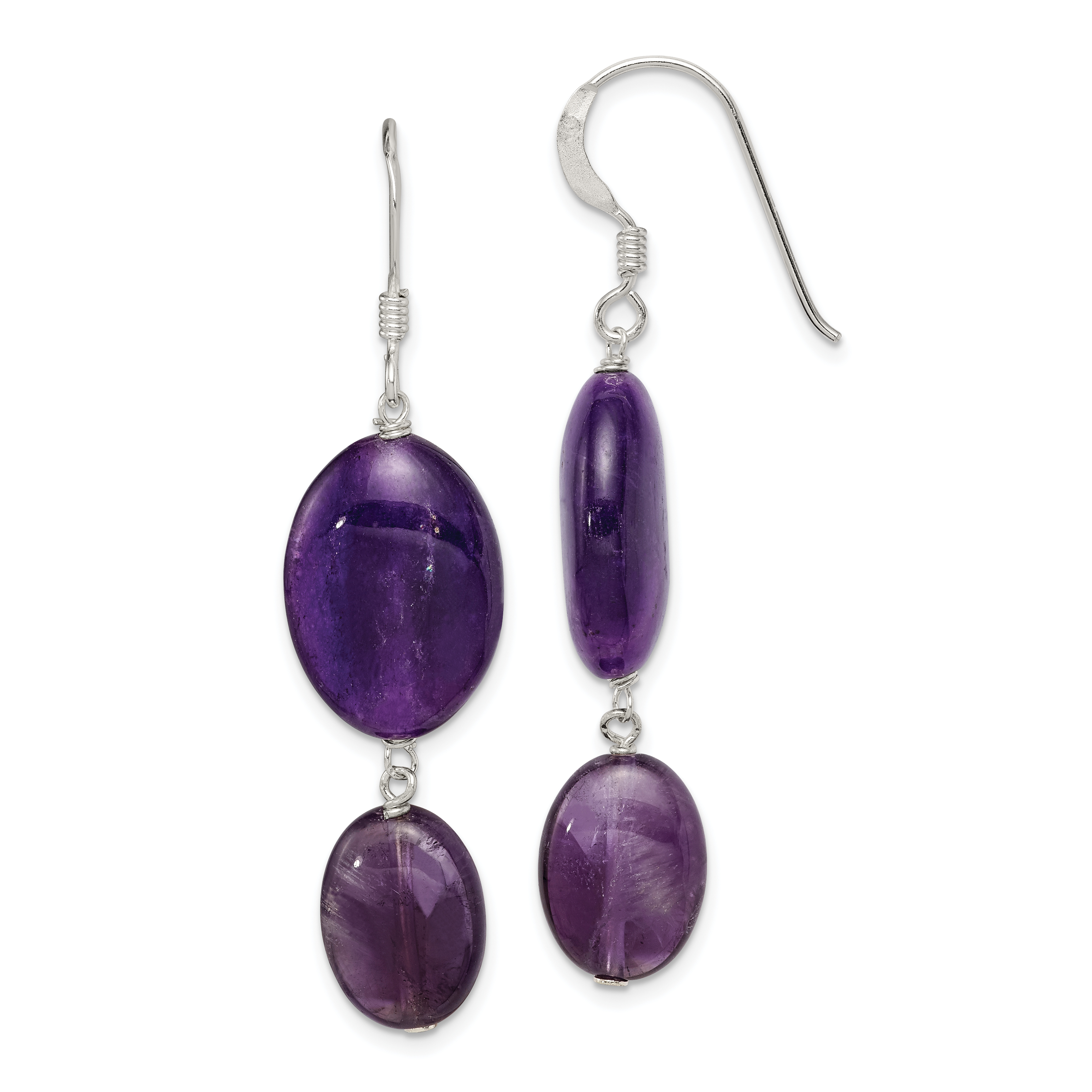 Sterling Silver Polished Amethyst & Dark Purple Jade Oval Dangle Earrings (QE5903)