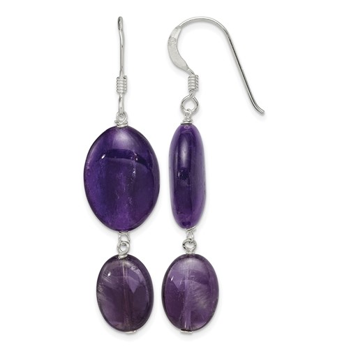 Sterling Silver Polished Amethyst & Dark Purple Jade Oval Dangle Earrings
