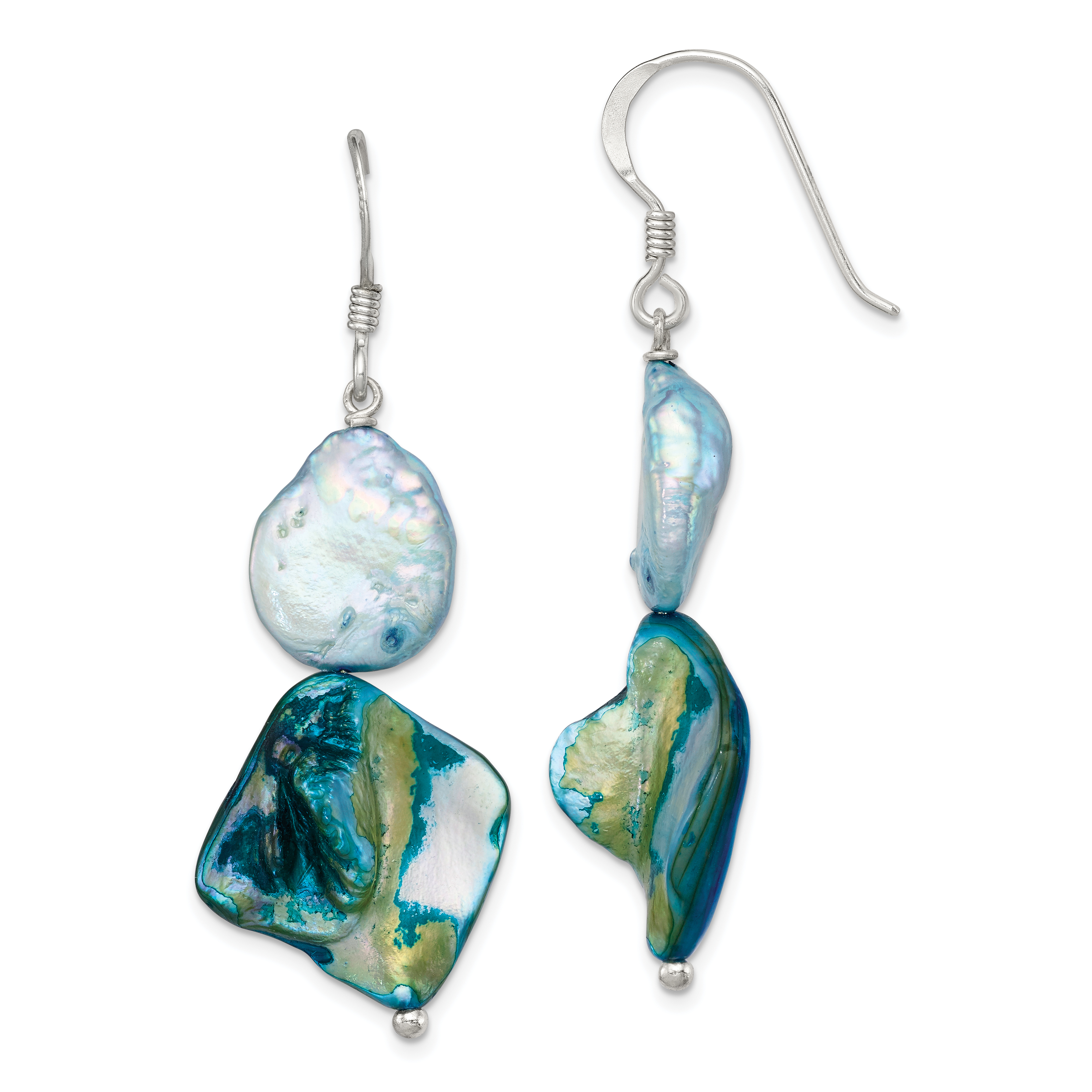 Sterling Silver Polished Blue MOP & White FWC Pearl Dangle Earrings (QE5926)
