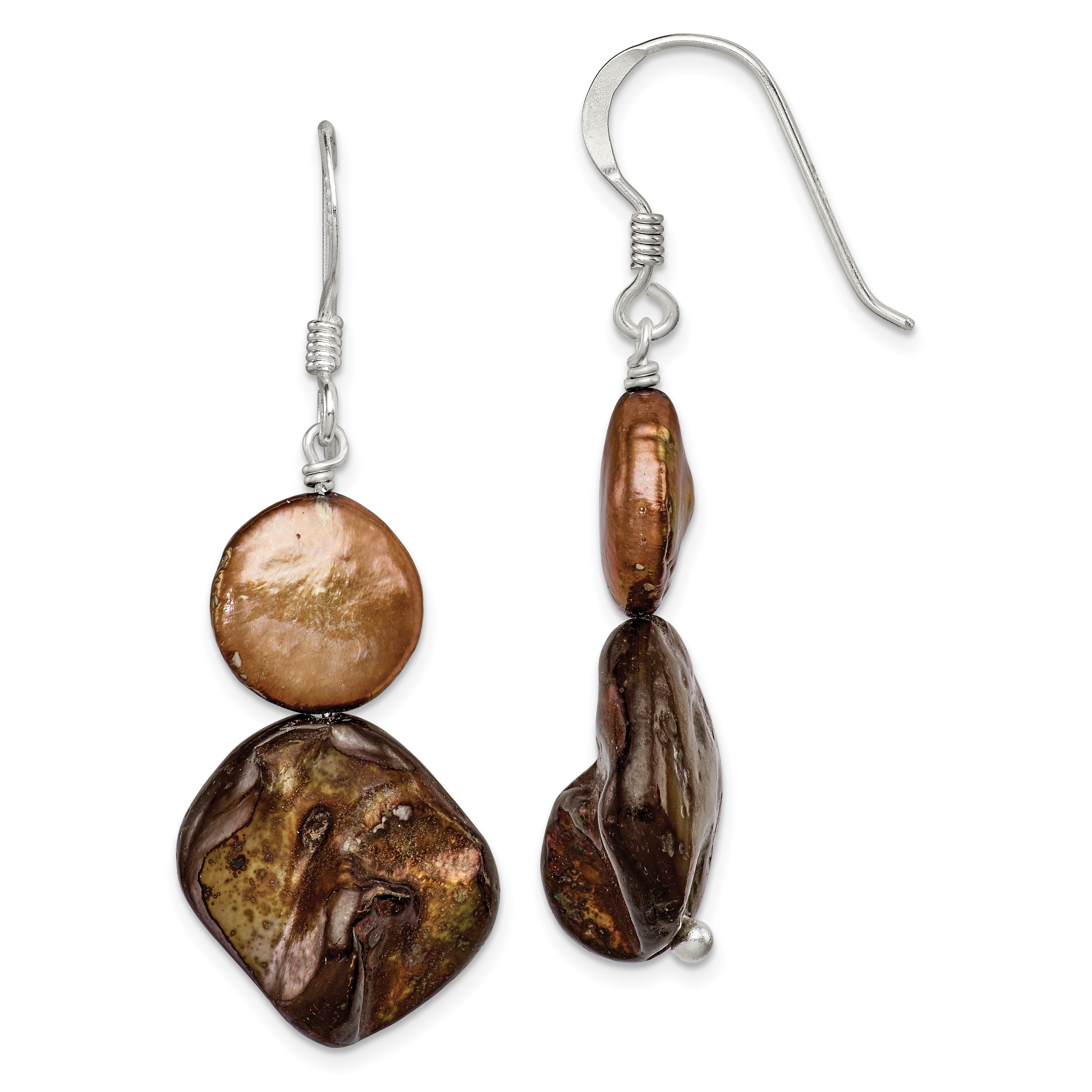 Sterling Silver Polished Brown Mother of Pearl/FWC Pearl Dangle Earrings (QE5929)
