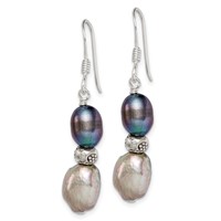 Sterling Silver Polished Antiqued & Beaded Grey & Black 7-8mm Freshwater Cultured Pearl Dangle Earrings view 2