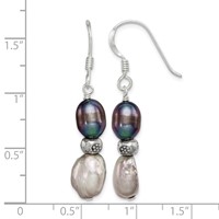 Sterling Silver Polished Antiqued & Beaded Grey & Black 7-8mm Freshwater Cultured Pearl Dangle Earrings view 4