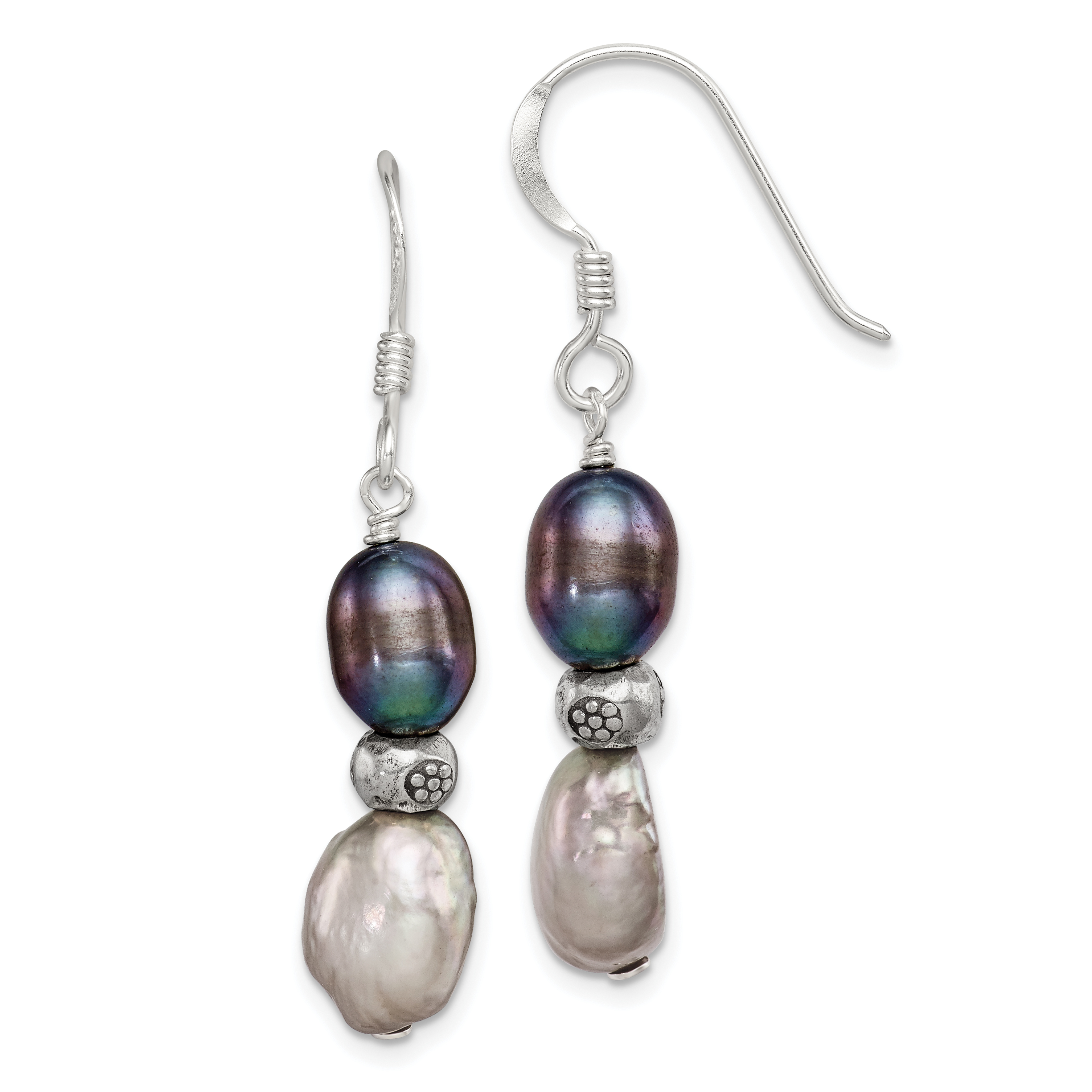 Sterling Silver Polished Antiqued & Beaded Grey & Black 7-8mm Freshwater Cultured Pearl Dangle Earrings (QE5944)