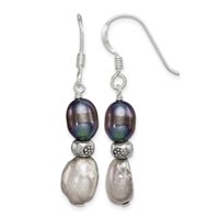 Sterling Silver Polished Antiqued & Beaded Grey & Black 7-8mm Freshwater Cultured Pearl Dangle Earrings view 1