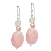 Sterling Silver Polished Rose Quartz & Pink Fwc Pearl Dangle Earrings view 2