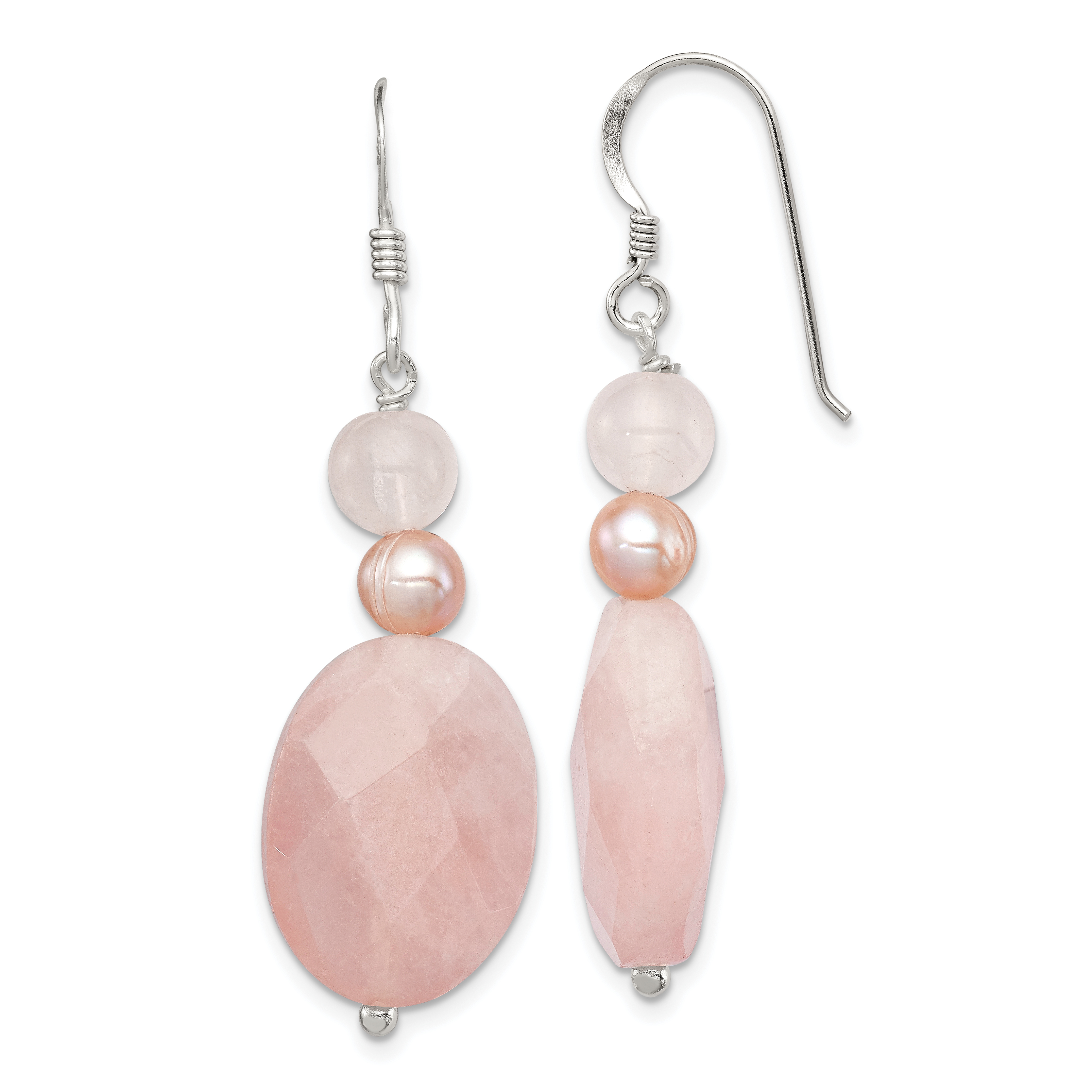 Sterling Silver Polished Rose Quartz & Pink FWC Pearl Dangle Earrings (QE5945)