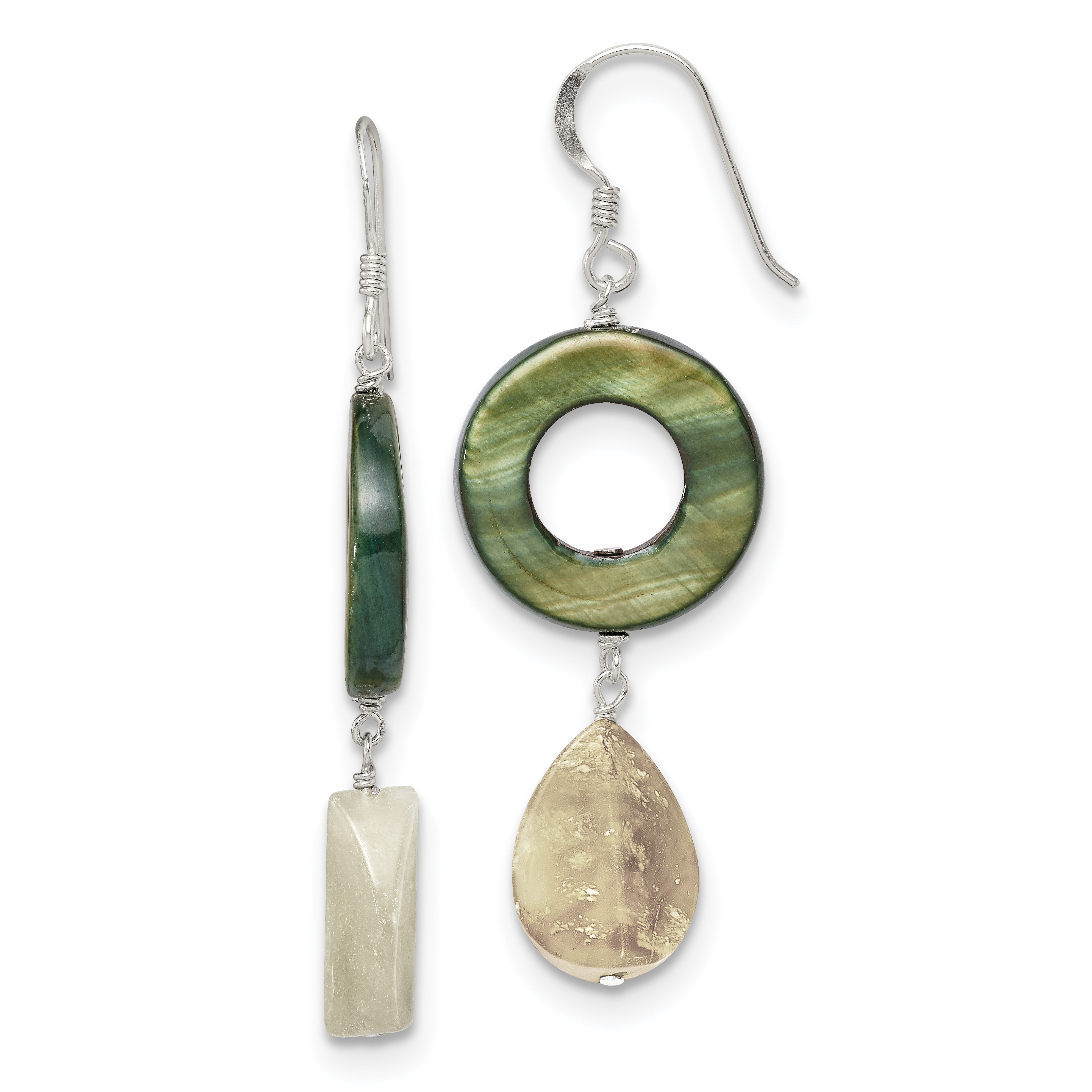 Sterling Silver Polished Jade & Green Mother of Pearl Dangle Earrings (QE5948)