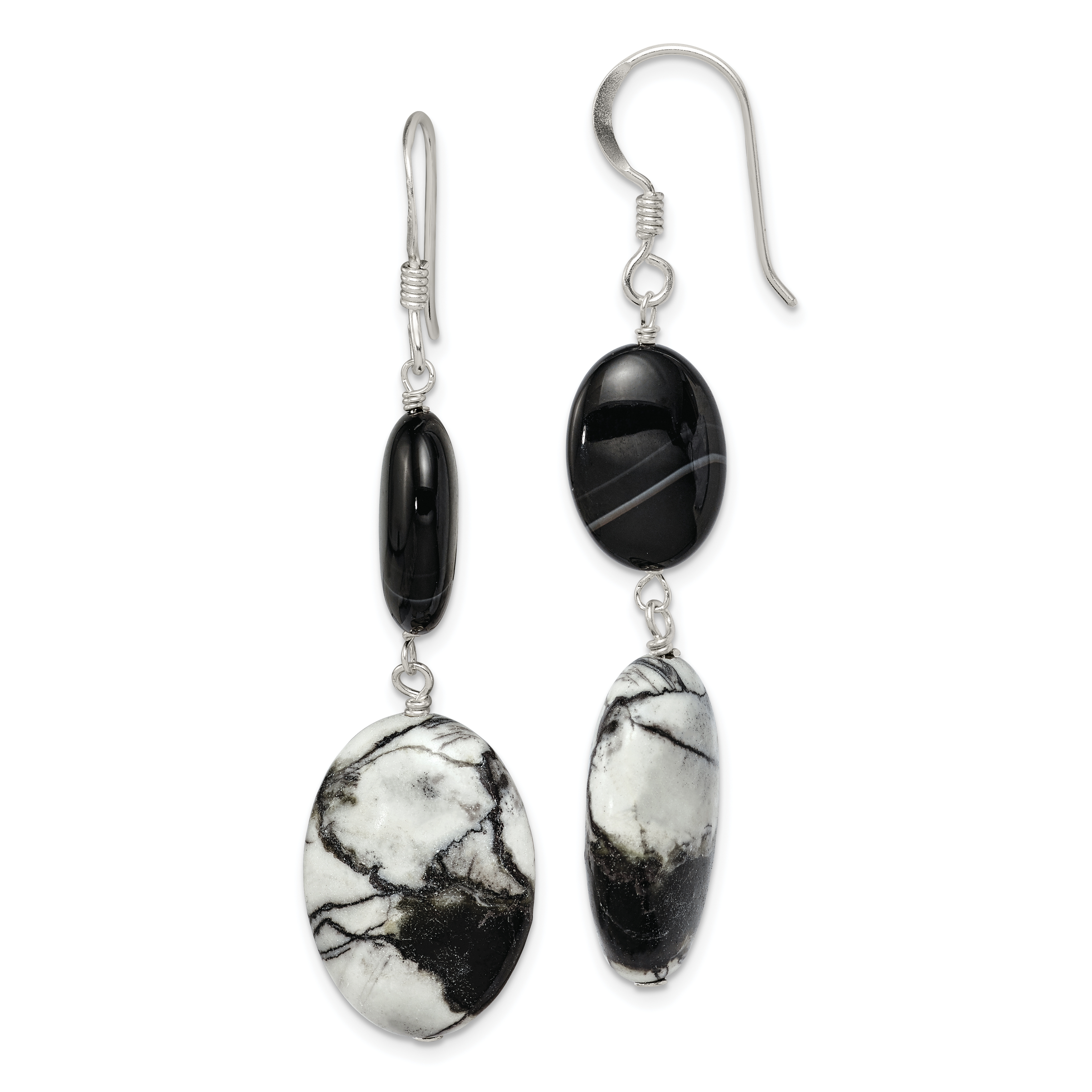 Sterling Silver Polished Black Sardonyx & Zebra Jasper Dangle Earrings (QE5977)