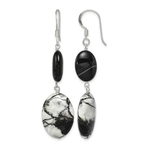 Sterling Silver Polished Black Sardonyx & Zebra Jasper Dangle Earrings