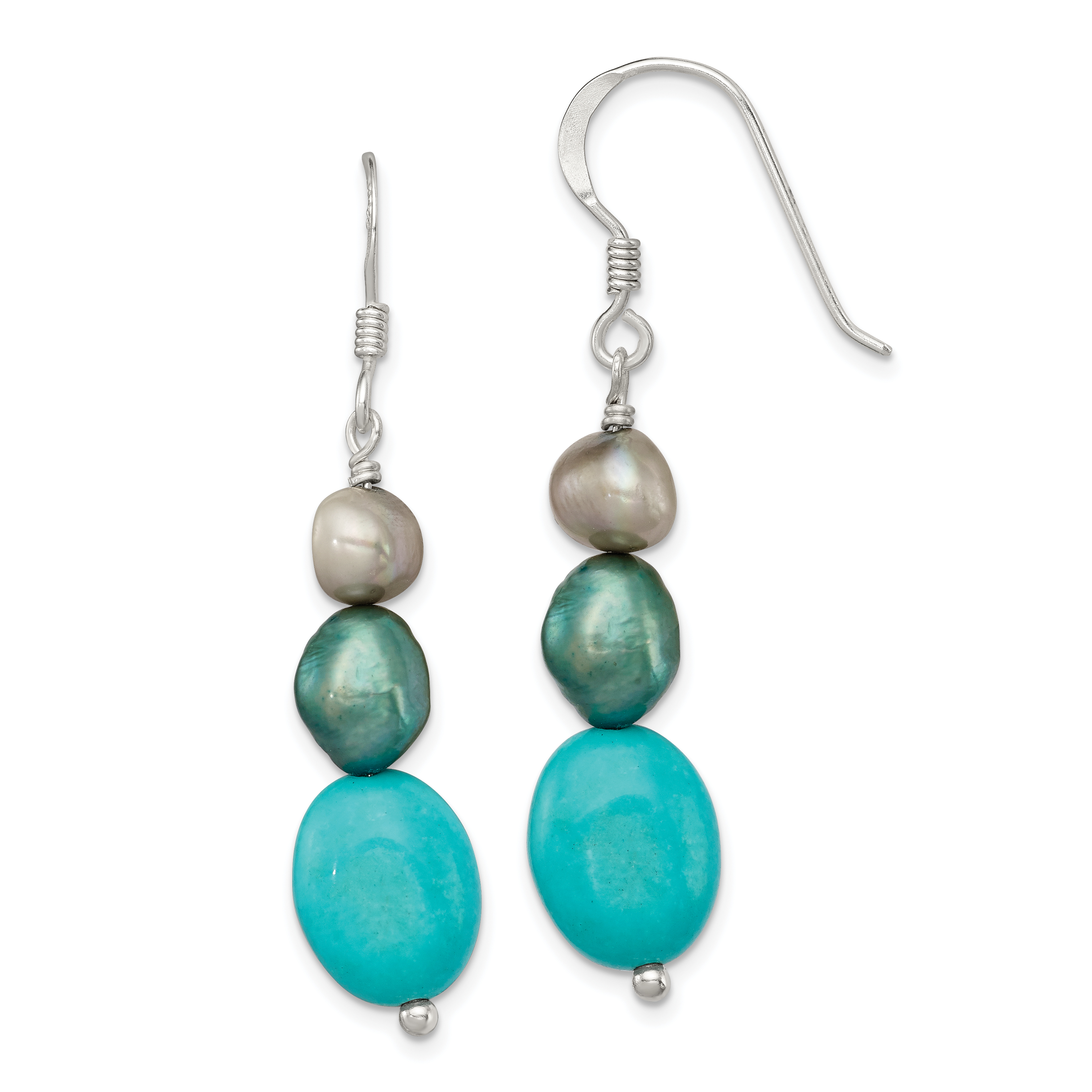 Sterling Silver Turquoise, Grey & Green FW Cultured Pearl Dangle Earrings (QE5982)