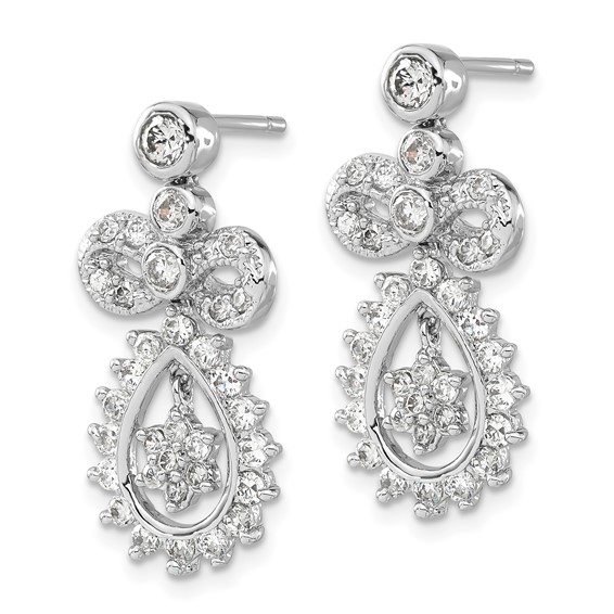 Sterling Silver Rhodium-plated CZ Bow Teardrop Post Dangle Earrings