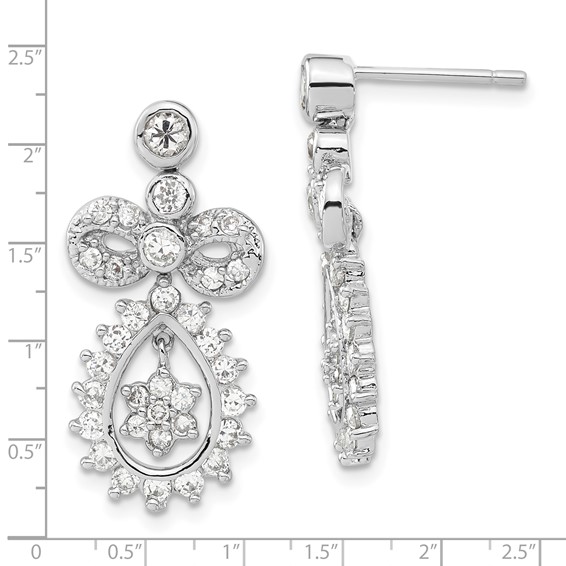 Sterling Silver Rhodium-plated CZ Bow Teardrop Post Dangle Earrings
