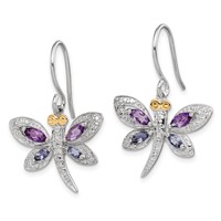 Brilliant Gemstones Sterling Silver Earrings with 14K Accent Rhodium-plated Amethyst Iolite Diamond Dragonfly view 2