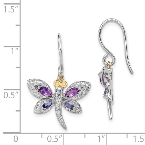 Brilliant Gemstones Sterling Silver with 14K Accent Rhodium-plated Amethyst/Iolite/Diamond Dragonfly Earrings