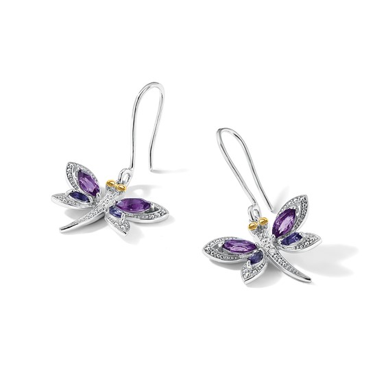 Brilliant Gemstones Sterling Silver with 14K Accent Rhodium-plated Amethyst/Iolite/Diamond Dragonfly Earrings
