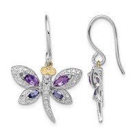 Brilliant Gemstones Sterling Silver Earrings with 14K Accent Rhodium-plated Amethyst Iolite Diamond Dragonfly view 1