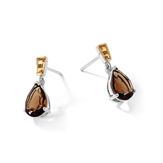 Brilliant Gemstones Sterling Silver with 14K Accent Rhodium-plated Smoky Quartz and Citrine Earrings