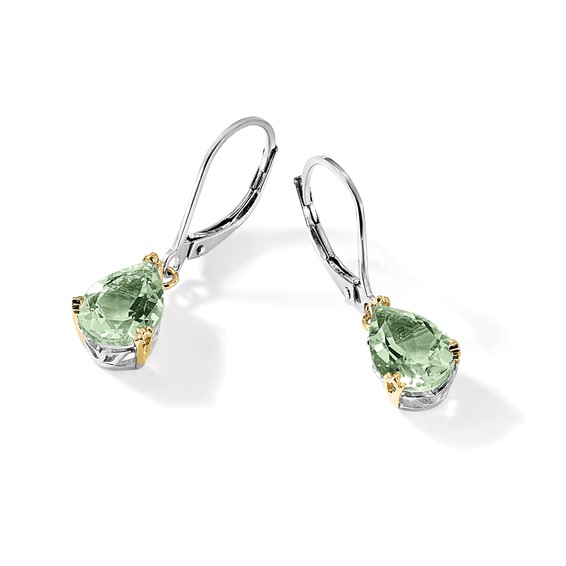 Brilliant Gemstones Sterling Silver with 14K Accent Rhodium-plated Green Quartz Leverback Earrings