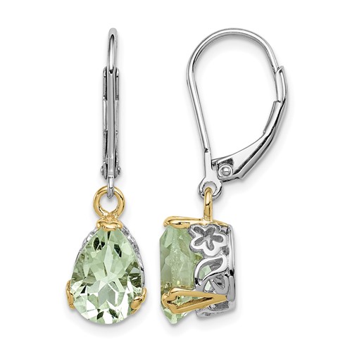Brilliant Gemstones Sterling Silver Earrings with 14K Accent Rhodium-plated Green Quartz Leverback