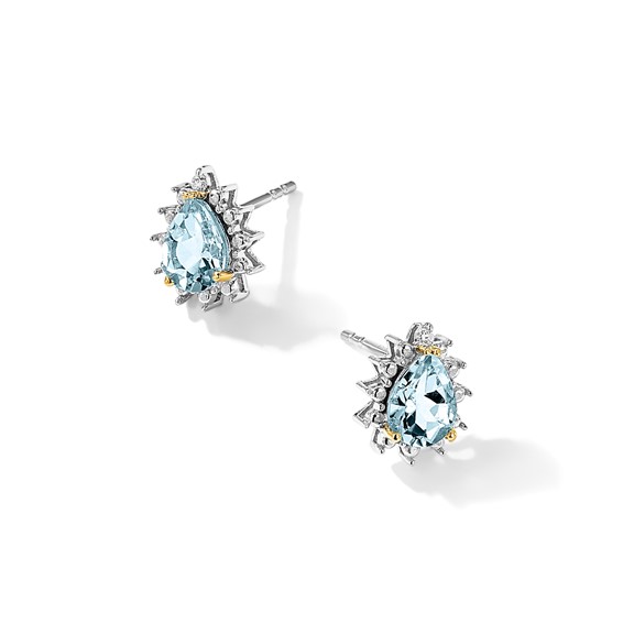 Brilliant Gemstones Sterling Silver with 14K Accent Rhodium-plated Sky Blue Topaz and Diamond Post Earrings