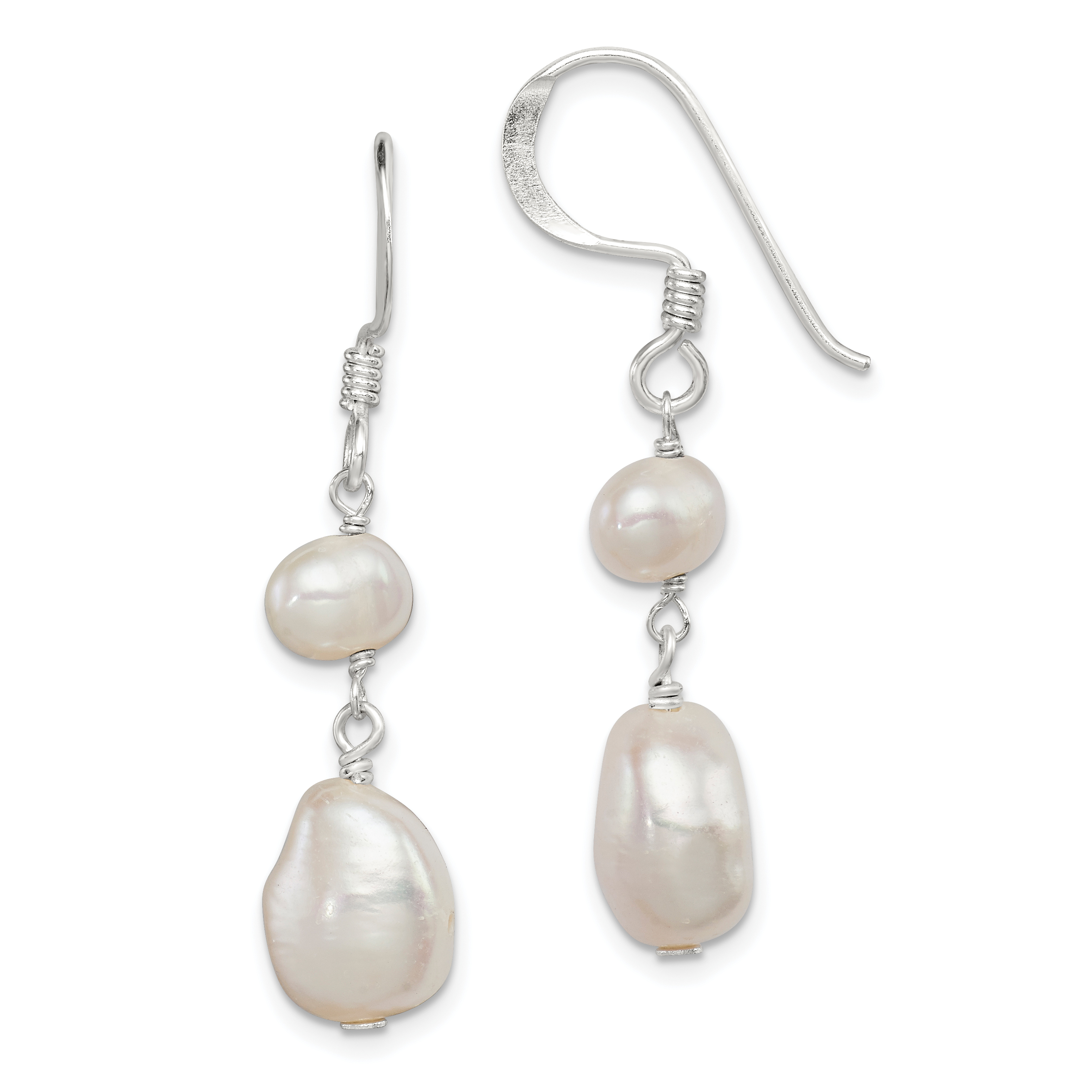 Sterling Silver Polished White 6-9mm Baroque & Semi-Round Freshwater Cultured Pearl Dangle Earrings (QE6142)