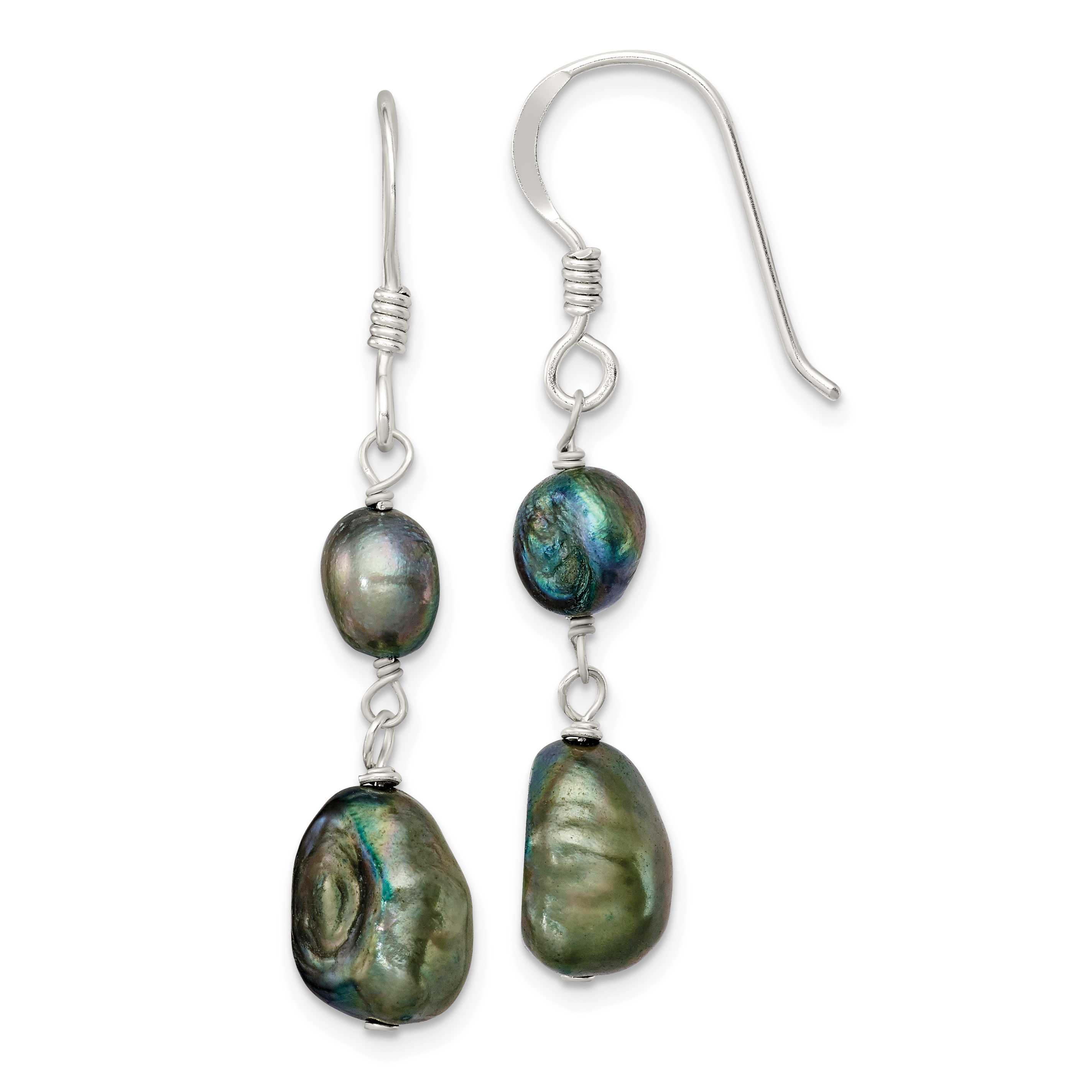 Sterling Silver Polished 5-9mm Black Baroque Freshwater Cultured Pearl Dangle Earrings (QE6144)