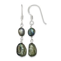 Sterling Silver Polished 5-9mm Black Baroque Freshwater Cultured Pearl Dangle Earrings view 1