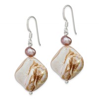 Sterling Silver Polished Brown Mother of Pearl and Freshwater Cultured Pearl Dangle Earrings view 2