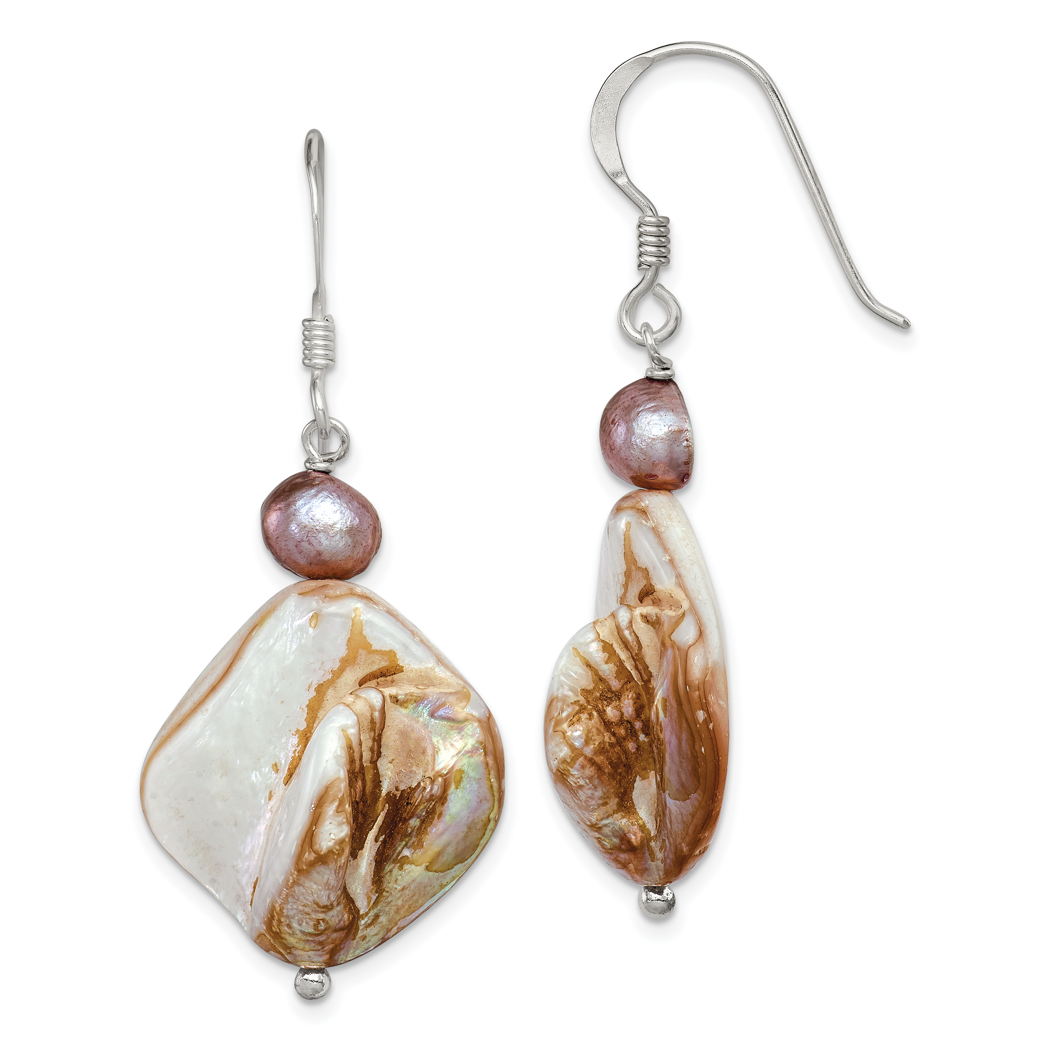 Sterling Silver Polished Brown Mother of Pearl and Freshwater Cultured Pearl Dangle Earrings (QE6148)