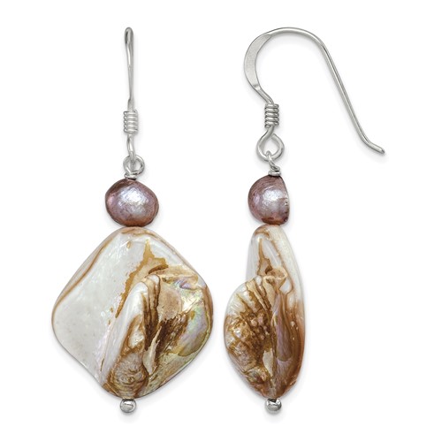Sterling Silver Polished Brown Mother of Pearl and Freshwater Cultured Pearl Dangle Earrings