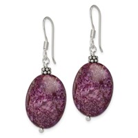 Sterling Silver Polished & Beaded Purple Charoite Oval Dangle Earrings view 2