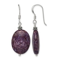 Sterling Silver Polished & Beaded Purple Charoite Oval Dangle Earrings view 1