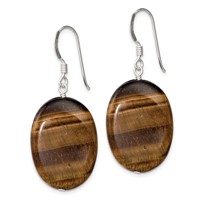Sterling Silver Polished Tiger's Eye Oval Dangle Earrings view 2