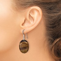Sterling Silver Polished Tiger's Eye Oval Dangle Earrings view 3