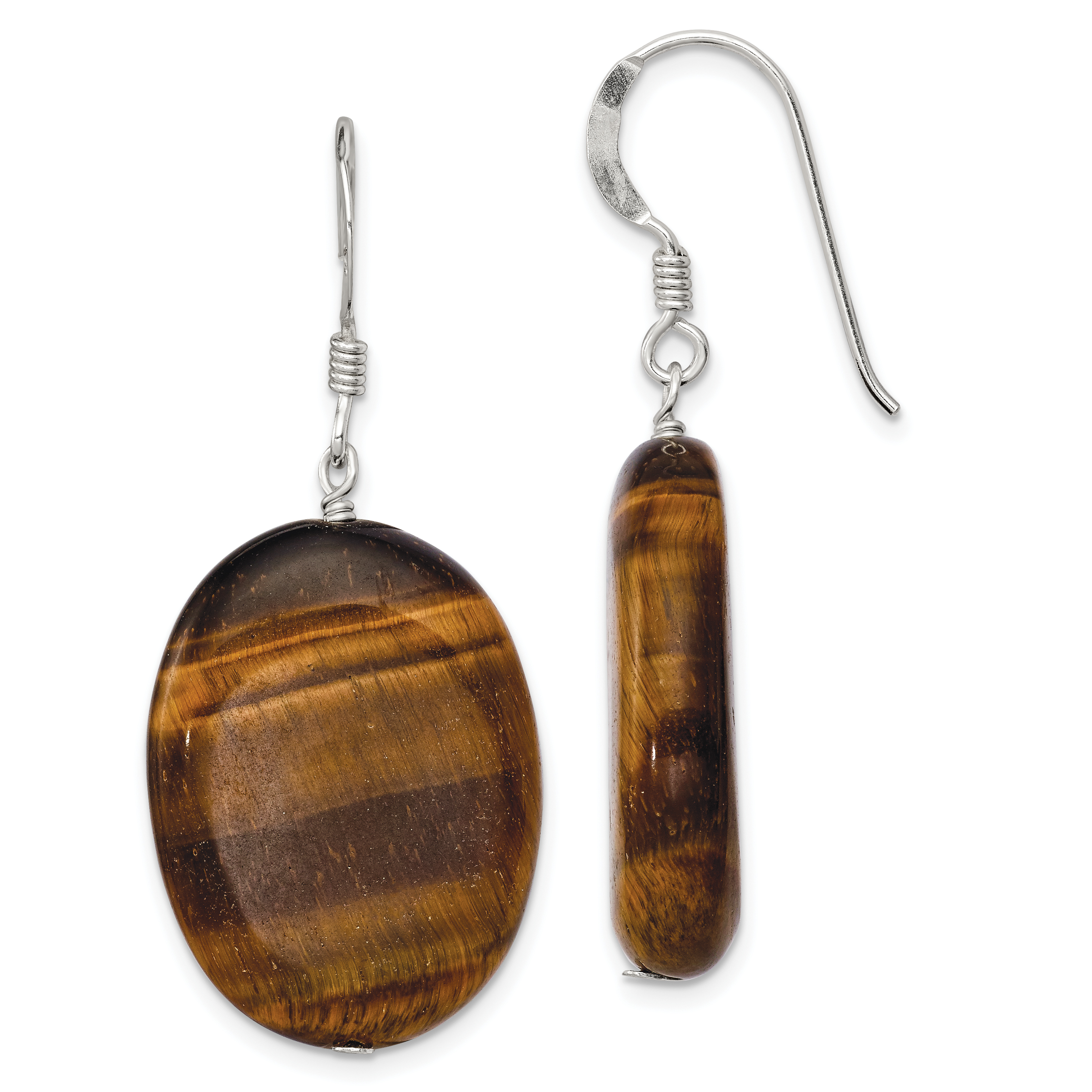 Sterling Silver Polished Tiger's Eye Oval Dangle Earrings (QE6197)